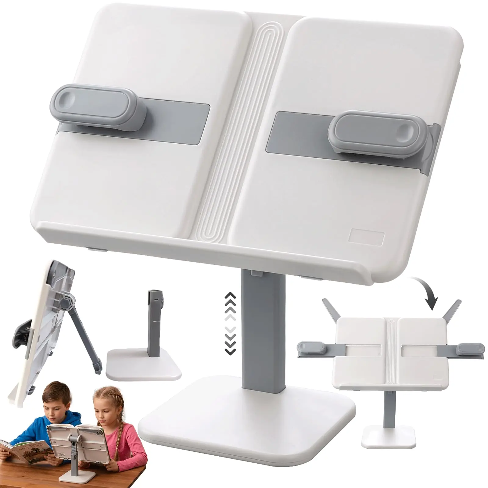 Tablet Stand Holder Adjustable Book Stand Holder for Reading Hands Free Cookbook Stand for Kitchen Counter Recipe Stand Book Prop for Book Lovers with Page Clips and Desk Rest Tray