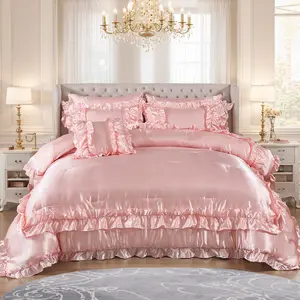 8 Pieces Pink Satin Ruffle Comforter Set Queen/King Size Luxurious Silky Bedding Sets Ultra Soft and Lightweight Silk Like Pink Ruffled Bedding Set for Bedroom with 1 Comforter 4 Pillowcases 1 Flat Sheet 1 Fitted Sheet 1 Cushion Cover