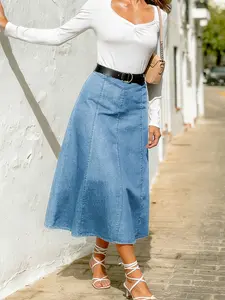 Women's High-Waisted Denim Skirt, Basic Spring & Fall Casual Style, Fitted Design, Solid Color, Long Umbrella Cut, Perfect for Daily Wear