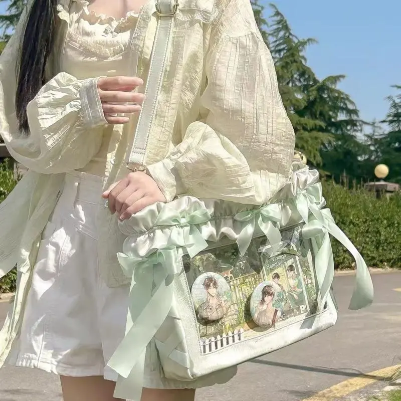 Ruched Ribbon Cute Y2K Ita Bag Bows Lolita Girl Shoulder Bag High Capacity Preppy Style Handbag Transparent Harajuku Bag Women