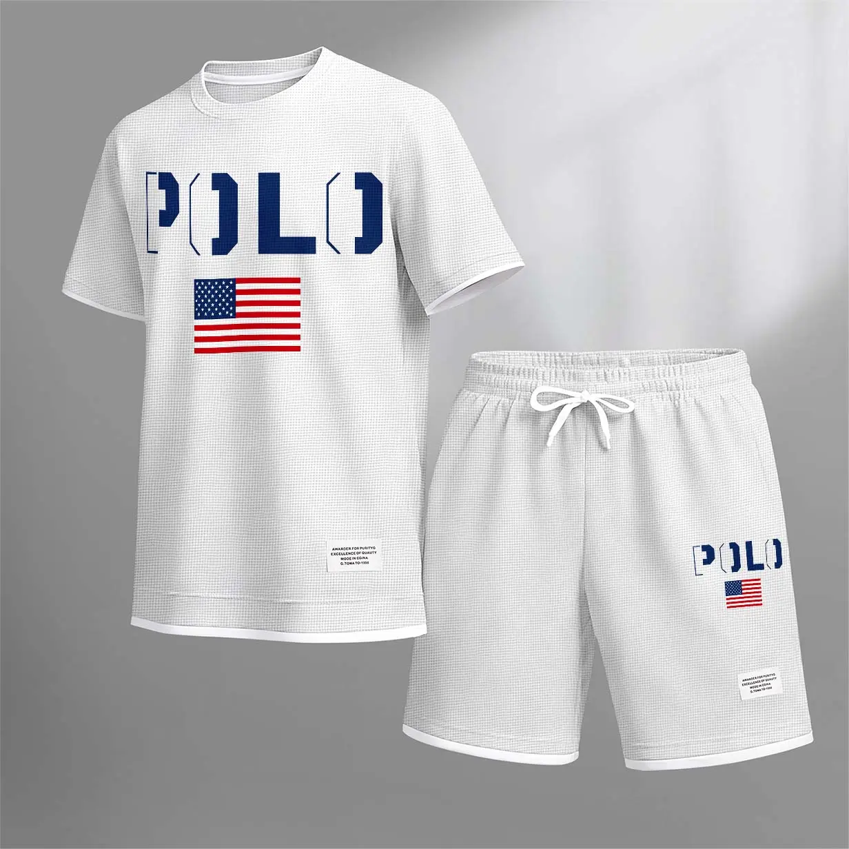 Men's Polo Print Drawstring Shorts Set For Spring/Summer. A Casual Summer Outfit, Including A Short-Sleeved Shirt And Shorts, Suitable For Everyday Wear And Sports. A Two-Piece Set For A Relaxed And Energetic Lifestyle. Breathable