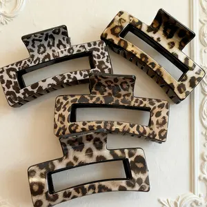 4pcs Glossy Minimalist Leopard Print Hair Claws, Square Shape, For Daily & Casual Wear, Hair Jaw Clip Hair Clamps Hair Clutch Hair Catcher, Great For School, College, Fall Winter, Women's Vacation Outfits, Essential Cute Claw Clips Set
