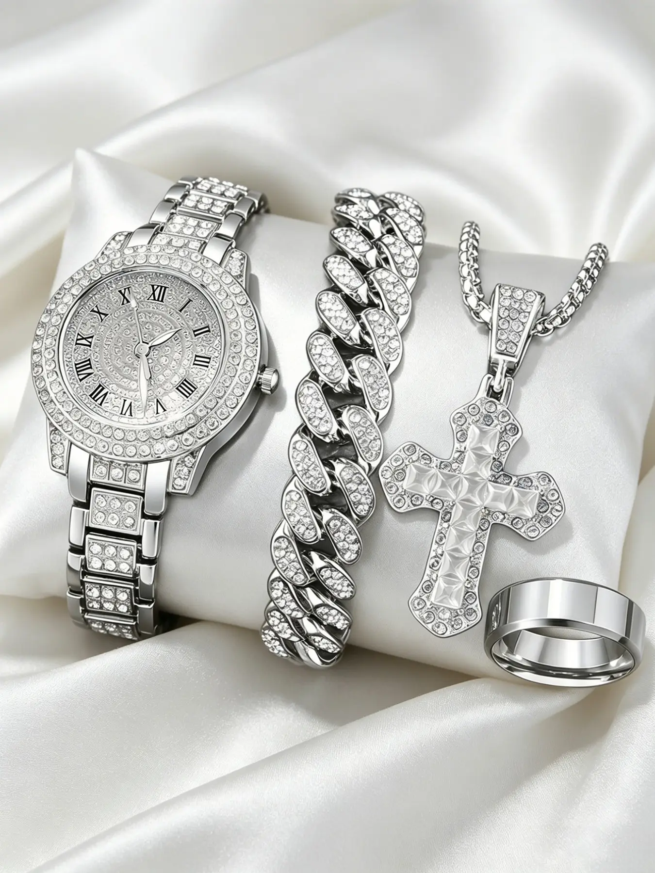 Silver Color Stainless Steel Watch Band Roman Design Quartz Watch, Cuban Link Bracelet, Cross Pendant Necklace, Unisex Fashion Trendy Watch Set