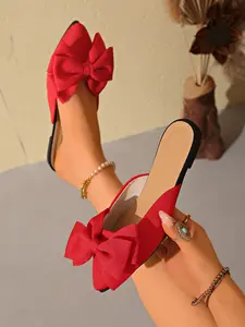 Women's Black Glitter Bow Pointed Toe Mule Slides - Slip-On Flats for Casual & Evening Wear #muleslides #bowshoes #glitterflats #tiktokshoefinds #blackflats