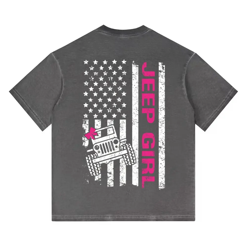 Women's Vintage Washed Short-Sleeve Tee - Loose Relaxed-Cut Crew Neck, Faded Flag Jeep Girl Graphic, Super Soft Americana Unisex Off-Road Streetwear Casual Top