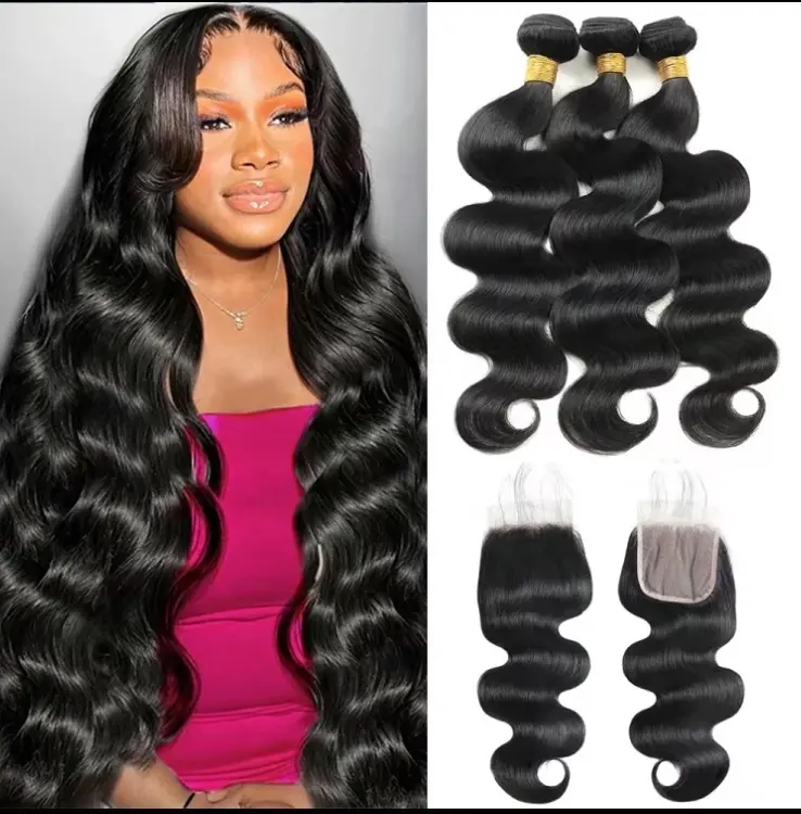 15A Body Wave 3 Bundles with 4×4/5x5/2×6/13×4/ HD Lace Closure 100% Unprocessed Brazilian Virgin Body Wave Human Hair Wave Bundles with Closure Natural Color