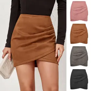 Suede Solid Color Hip Hugging Skirt with Pleated Irregular Zipper for Autumn and Winter Fashion