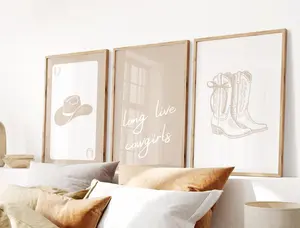 Set of 3_Neutral Western Wall Art, Coquette Bow Boots Print, Long Live Coastal Cowgirl Poster, Aesthetic Trendy Apartment Dorm Girly Room Decor