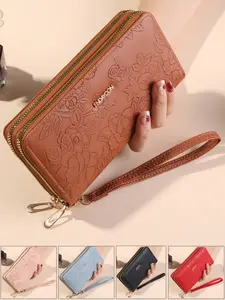 Women's Floral Embossed Zipper Long Wallet, Fashionable Wristlet Clutch Purse, Casual Trendy Versatile High-quality Daily Wallet, Elegant Stylish Purse