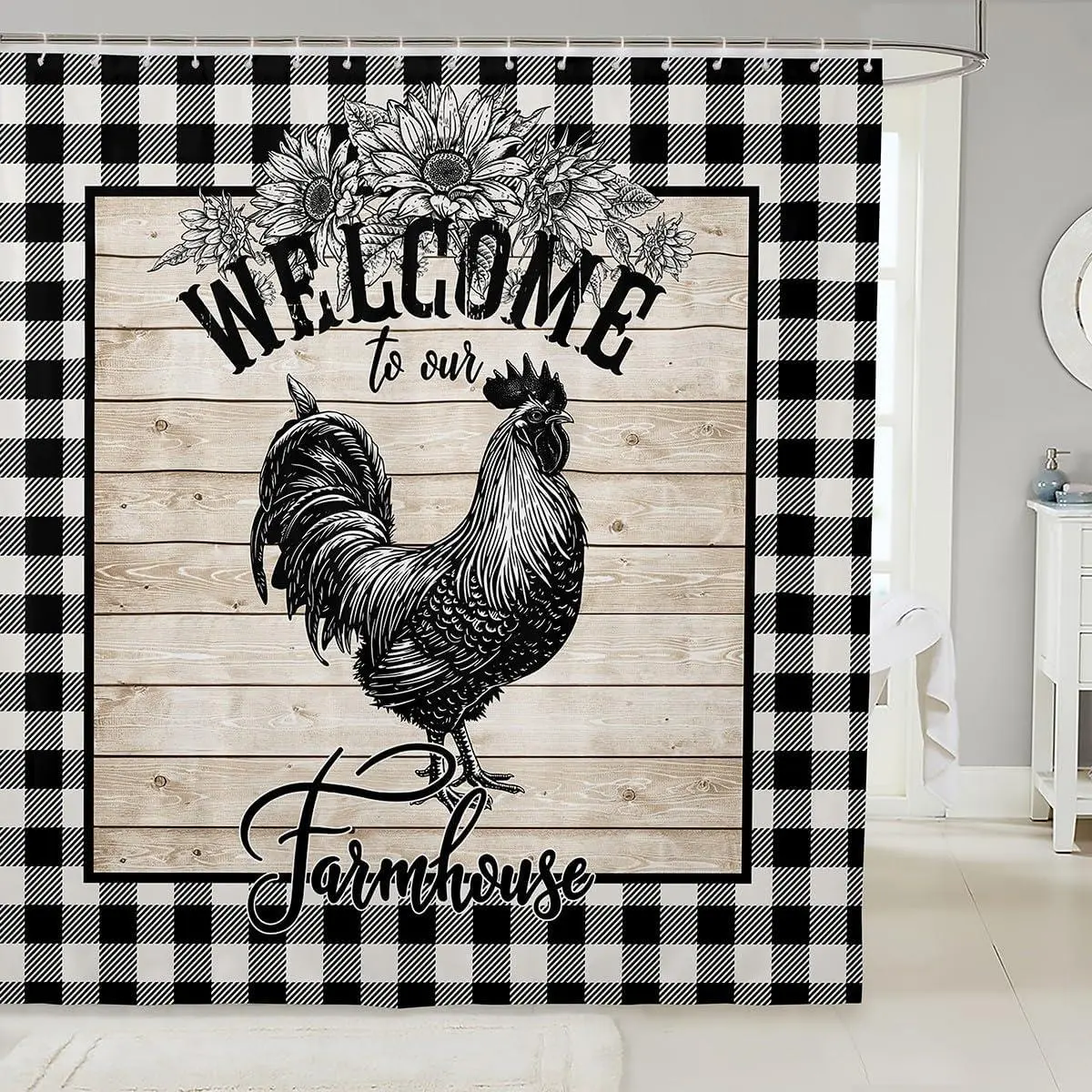 Feelyou Chicken Theme Farmhouse Shower Curtain - Vintage Floral Plaid Pattern, Retro Black-White Design, Washable Waterproof Cloth, Bathtub Fit Bathroom Decor Set with C-Hooks, Gym Athletic Club Room Accessories Household Textile