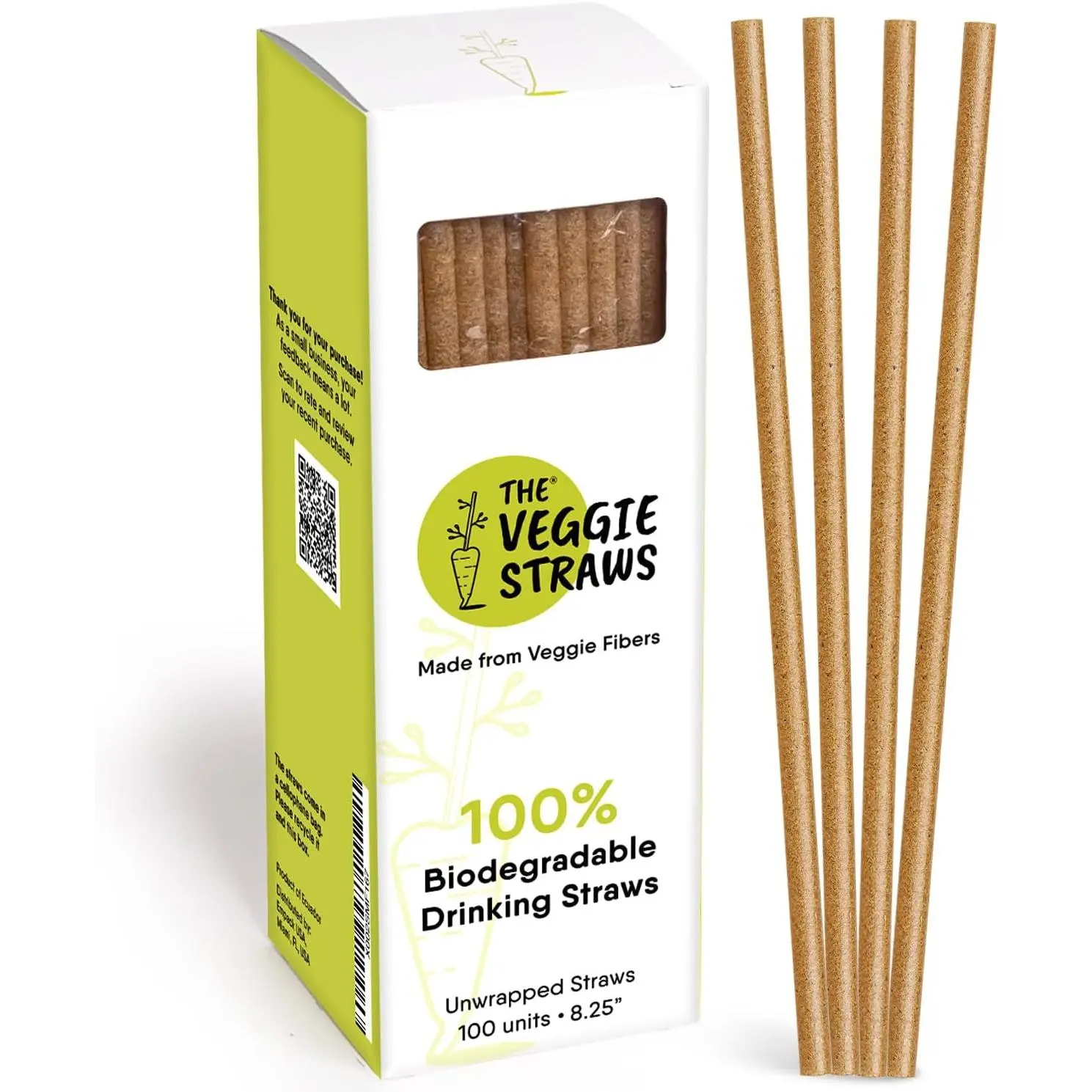 The Veggie Straws – 100 PCS of 8.25 Inches Unwrapped Biodegradable Straws – Made of Vegetable Fibers, Best Environment Friendly Drinking Straws for Hot and Cold Beverages