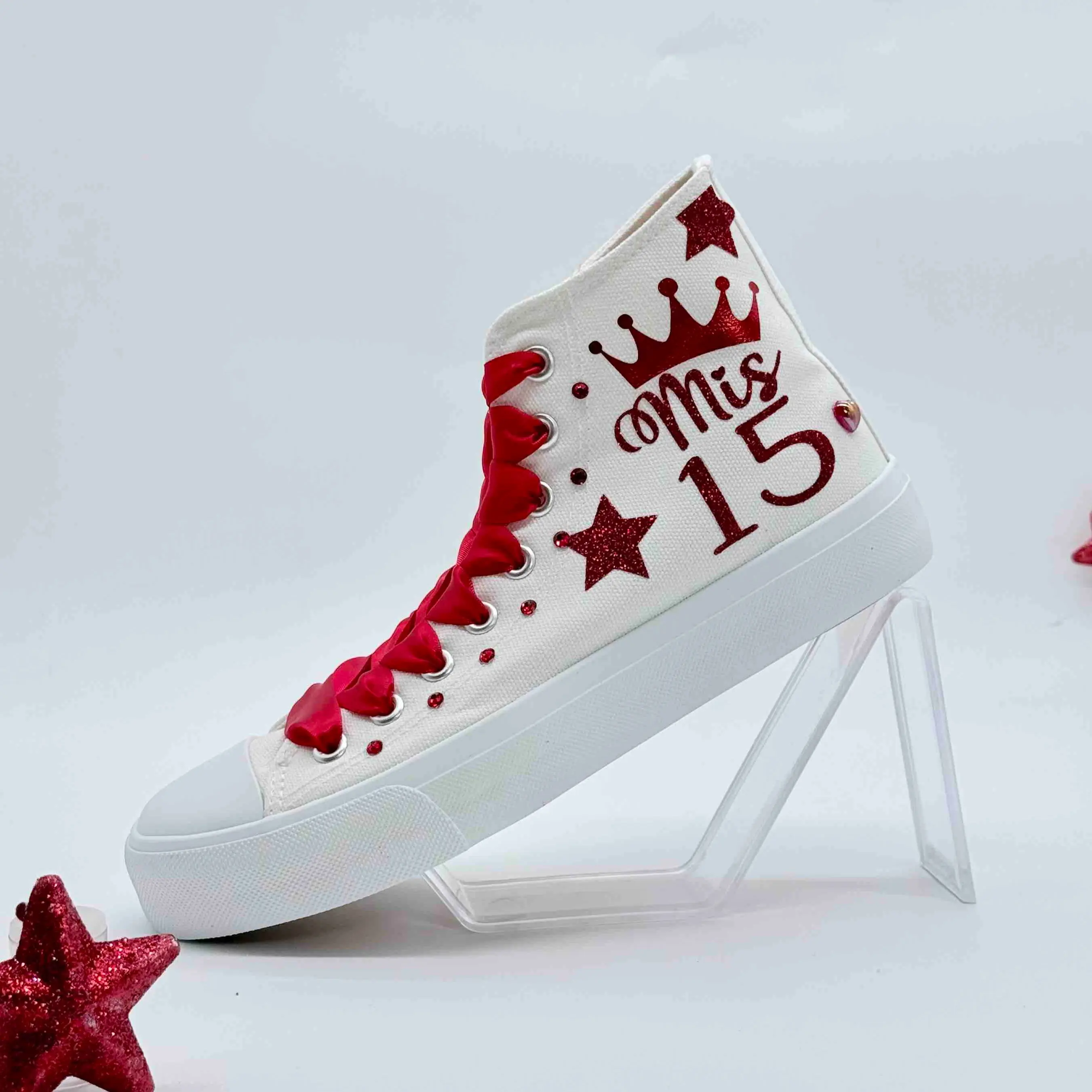 Miss 15 High Top Personalized Sneakers with Red Laces and Star Design for Special Occasions