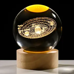 3D Solar System Crystal Ball Night Light with Wooden LED Base Laser Engraved Glass Sphere Astronomy Desk Decor Unique Gift for Kids Adults Bedroom Office Room Decoration