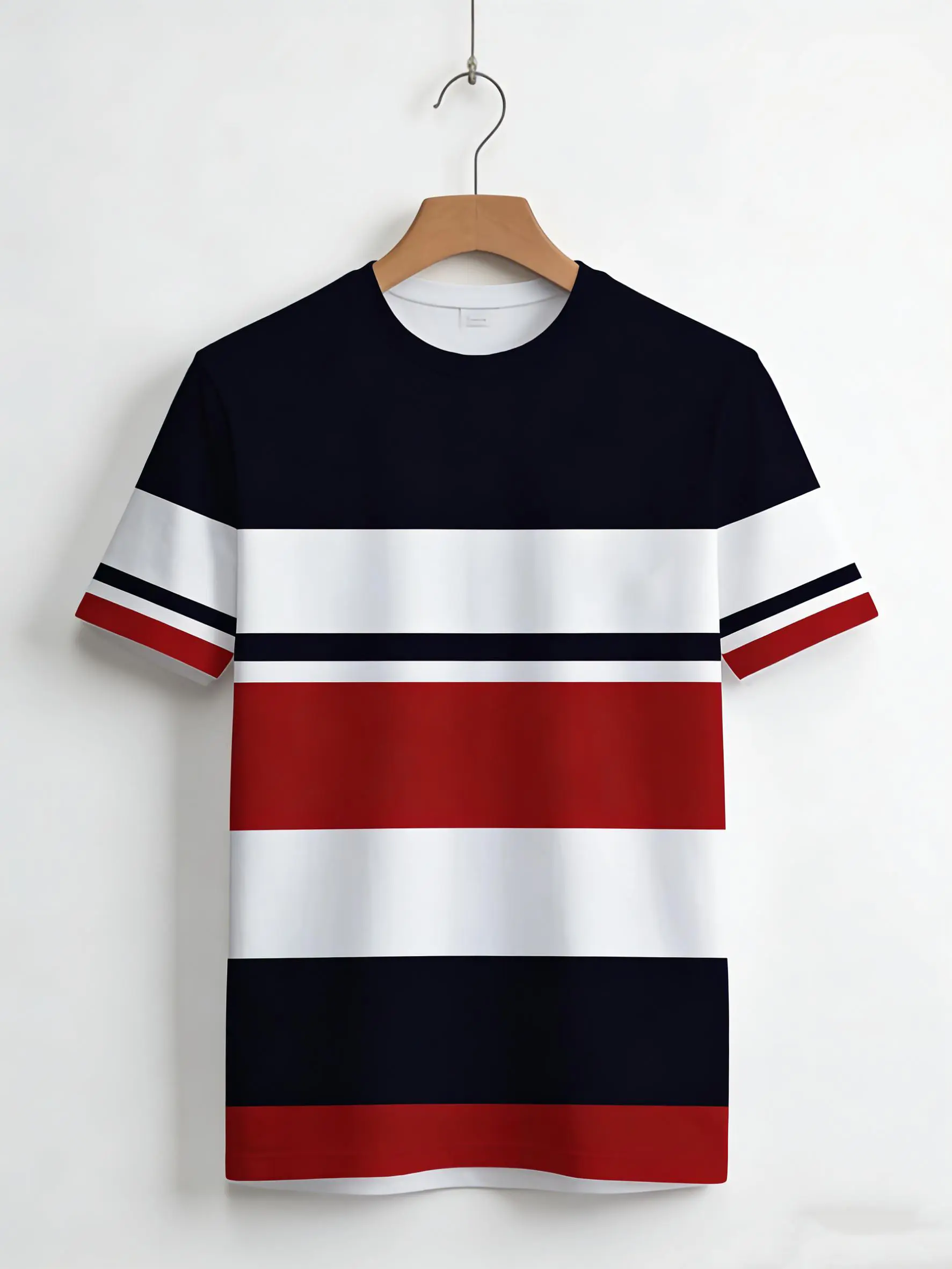 Men's Striped T-Shirt, Casual Short Sleeve Easy Round Neck Top, Breathable Polyester Knit for Summer Streetwear, Shortsleeve, Menswear, Black Stripes Men's Short-Sleeve T-Shirts, Streetwear Ready