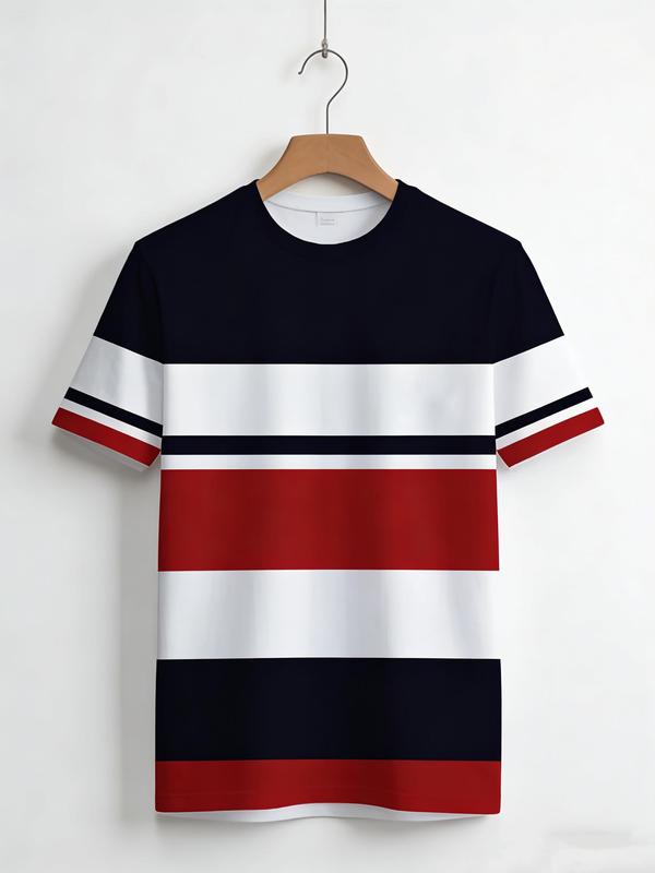 Men's Striped T-Shirt, Casual Short Sleeve Easy Round Neck Top, Breathable Polyester Knit for Summer Streetwear, Shortsleeve, Menswear, Black Stripes Men's Short-Sleeve T-Shirts, Streetwear Ready