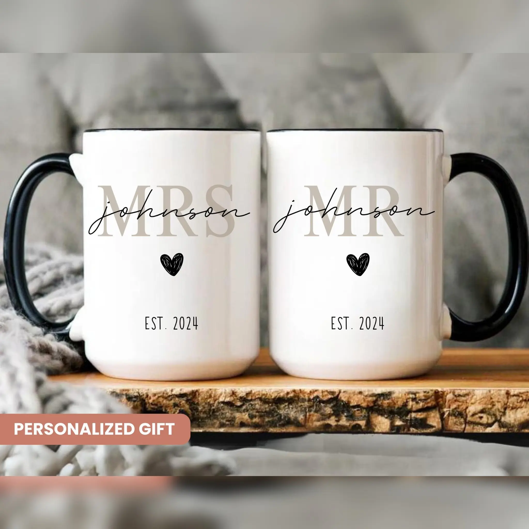 Personalized Mr and Mrs Coffee Mugs Custom Last Name Year - Ceramic Couple Tea Cups Wedding Bridal Shower Anniversary Gift