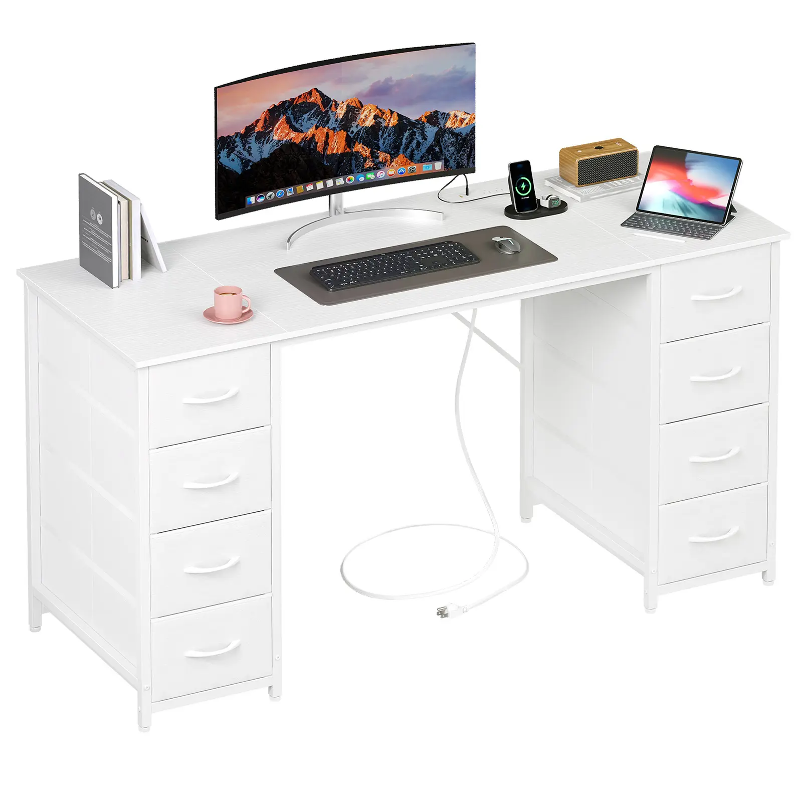 Somdot 55 In Rectangular PU Leather Modern Functional Table - Multi Purpose Desk, Home Office Workstation with 8 Fabric Drawers, Charging Station, Power Outlets, USB Ports, Metal Legs for Study Writing