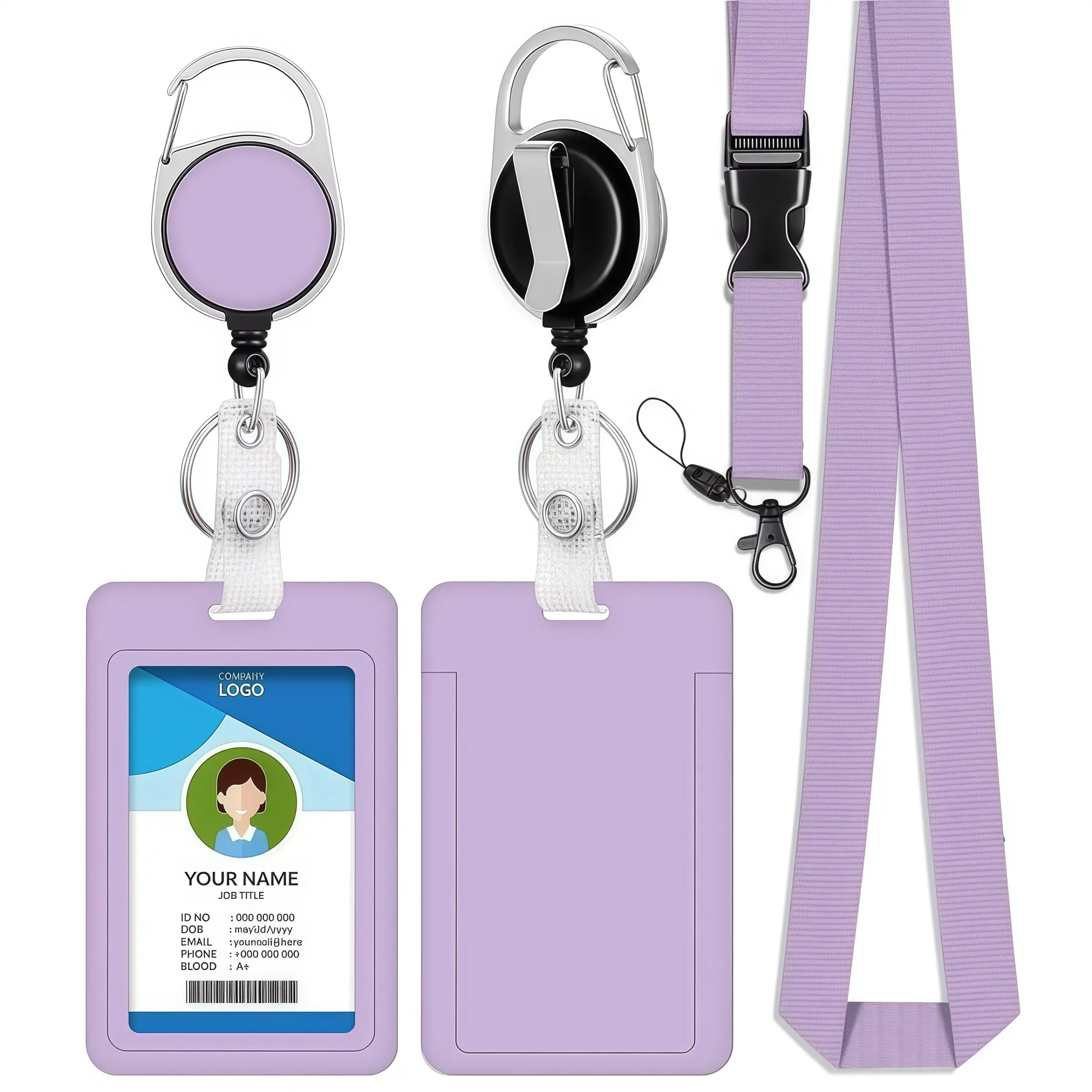 ID Badge Clip Set with Lanyard and Adjustable Badge Reel, Card Holder with Carabiner, Detachable Lanyard for Work School Office Nurse Teacher