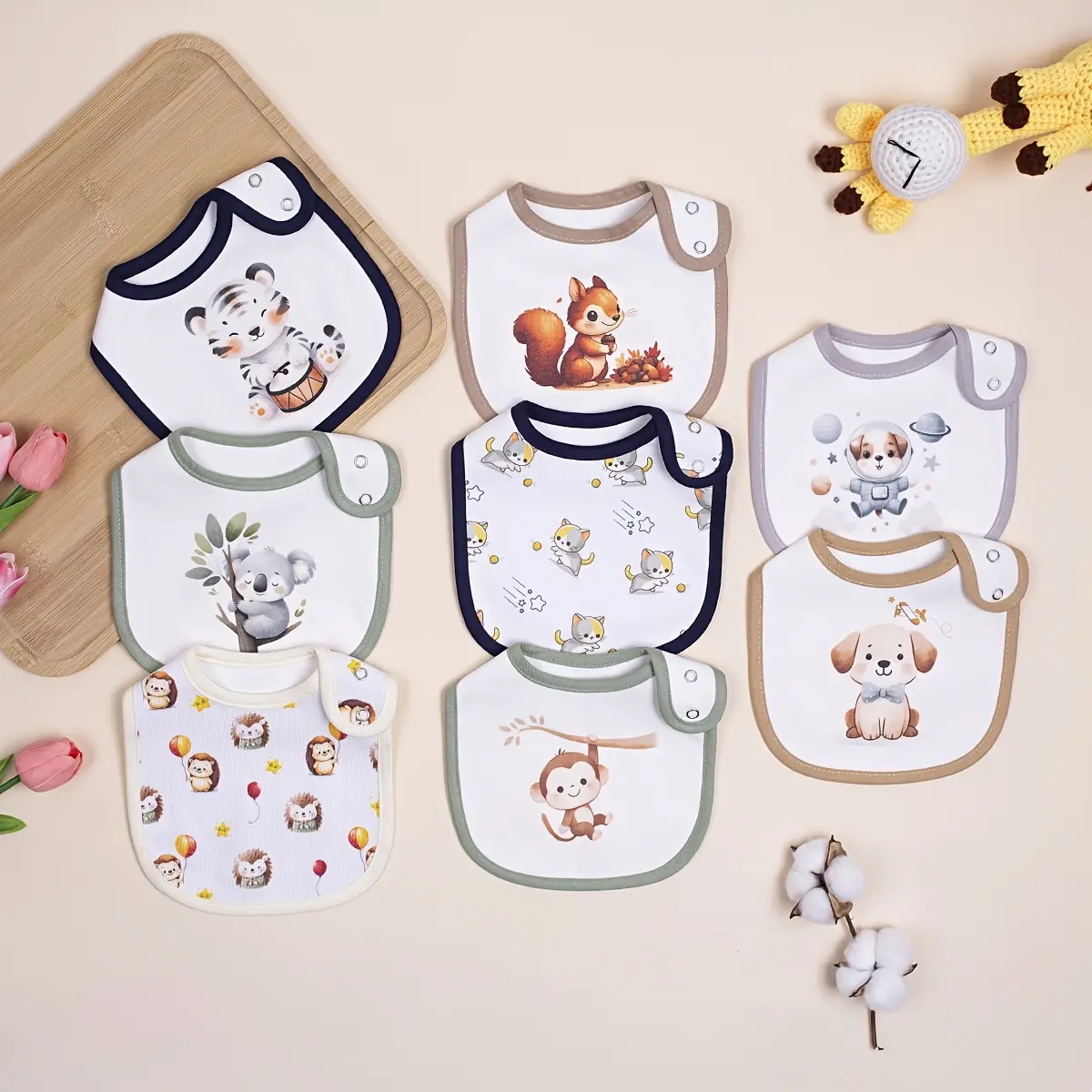 8-Pack Baby Bandana Bibs for Boys & Girls, 4-Layer Absorbent Cotton Muslin, Breathable with Adjustable Snaps for Teething, Washable Cotton