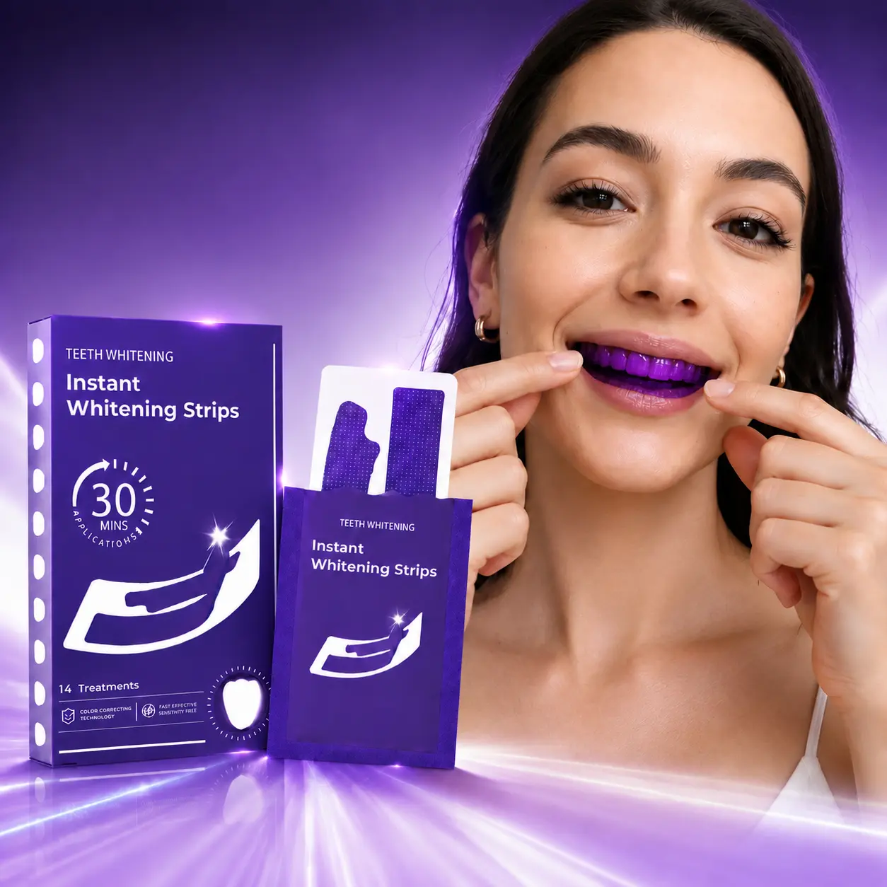 Purple Teeth Whitening Strips 14 Pairs – Peroxide-Free & Enamel Safe for Sensitive Teeth, No Pain Yellow Stain Corrector, Natural Color Enhancement for Brighter Smile, Daily & Travel Use