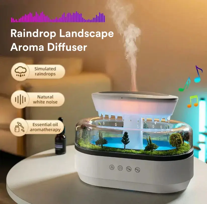 Raindrop Landscape Humidifier Aroma Diffuser - Rechargeable Built-in Lithium Ion Cells, Simulated Raindrop, Natural White Noise, Essential Oil Compatible Aromatherapy, Serene Design, Ambient LED Lights, Light-up Nightlight, Water-Like Base