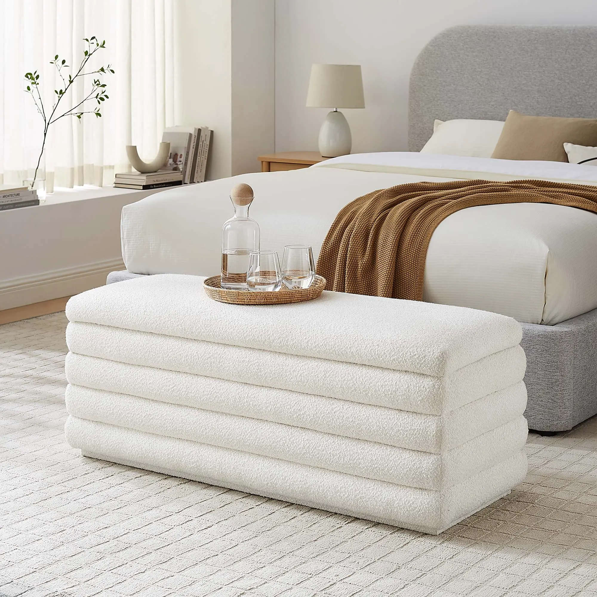 Modway Mezzo Boucle Fabric Storage Bench - Cloud, Bedroom Entryway Space-Saving Furniture, Multi-Functional Storage Ottoman