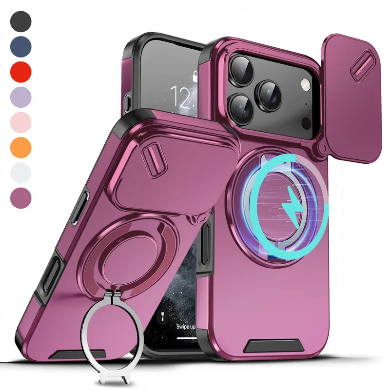 Oceantree Magnetic Snap-On Protective Case for iPhone 18 Pro Max 17 ,16,15,14,13,12 - Military Test Certified, 360° Stand Rotate Holder, Slide Cover Camera Lens Protector, Anti-Fingerprint, Shockproof, Car Mount Compatible Phone Accessory