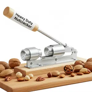 Heavy Duty Metal Nutcracker with Thick Cone Design - Adjustable Sheller for Pecans, Walnuts, Hazelnuts - Sturdy Steel Construction, Stylish Wooden Base Kitchen Utensil with Chopping Board Compatibility
