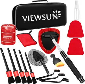 【fathersdaygift】Viewsun Windshield Cleaner Tool, 17Pcs Red Car Interior Cleaning Kit, Car Detailing Kit Interior Cleaner, Car Detailing Brushes, Car Cleaning Gel, Inside Cleaning Supplies Accessories for Women Girls