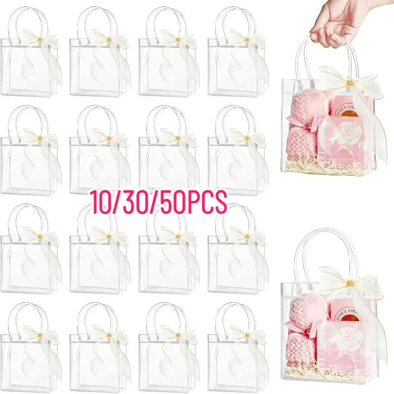 10/30/50 PCS Clear Plastic Gift Bags with Handles, 5.9 x 6.3 x 2.8 Inches Reusable Party Favor Bags with Ribbon Goody Bags Transparent Gift Wrap Bags Bulk Party Favor Packs for Weddings Birthdays Gift Packaging