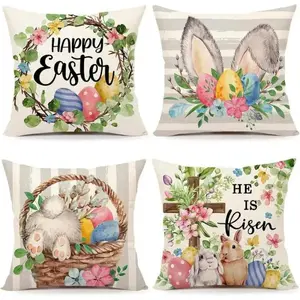 European Theme Pillowcases Set of 4, Rabbit and Cross Pattern, Polyester Fiber, Party Decor, Indoor Sofa and Bedroom Use, 18x18 Inches