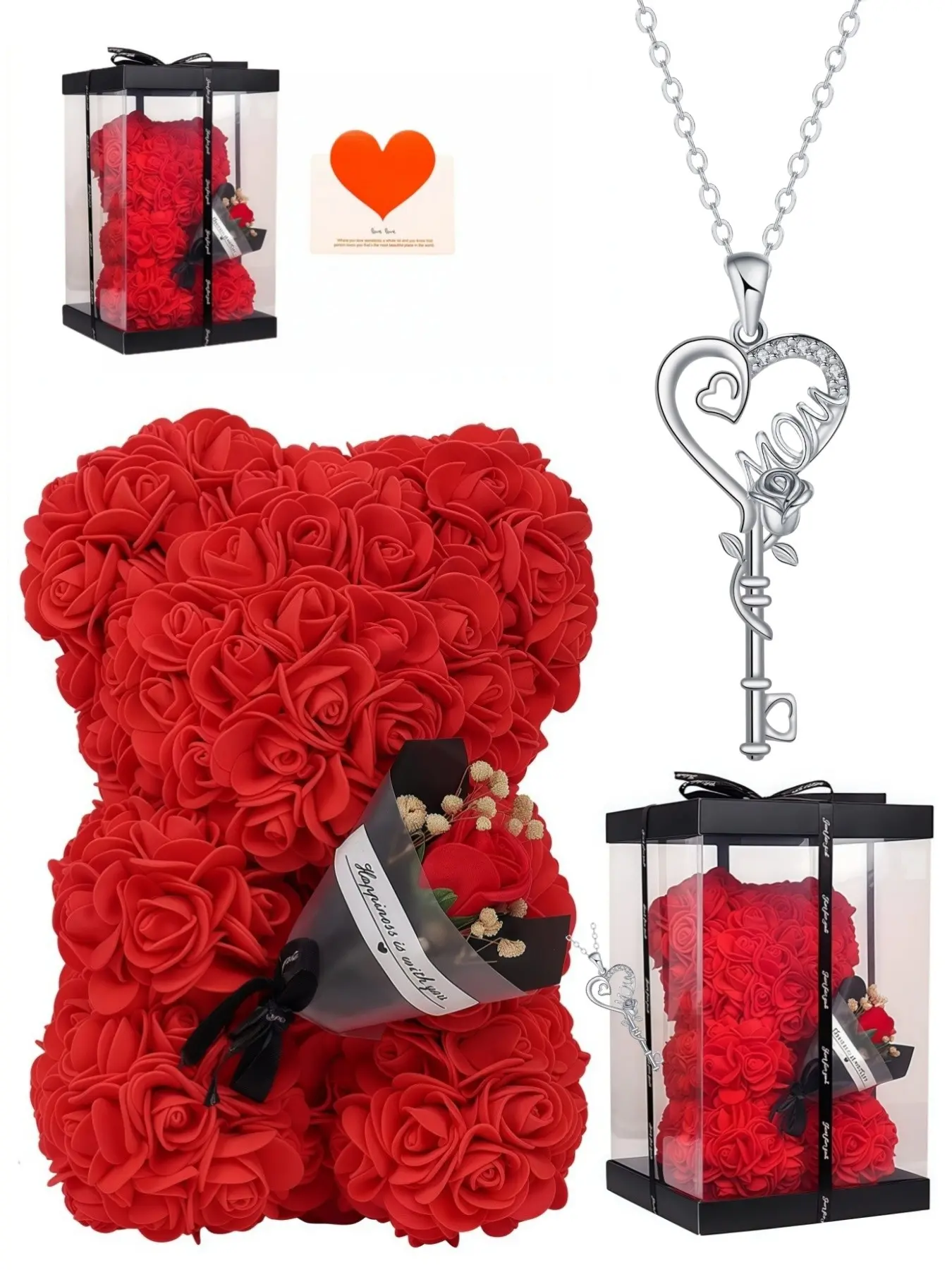Heart Key Rose, Maternal Love New original rose & heart-shaped key necklace with "MOM", gem clavicle chain, Heart Design Necklace. Comes with a preserved rose & teddy bear gift box. Perfect gift for birthdays, Mother's Day, Christmas and all festivals