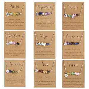 Stainless Steel Twelve Constellation Necklace for Women with Irregular Natural Stone Gravel Pendant Zodiac Jewelry