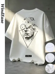 Men's Breathable Loose Fit Casual Cosmic Print T-Shirt, Psychedelic Galaxy Face Back Pattern, Soft Cotton Blend Fabric, Fashion Streetwear, Menswear, Ideal for Gym, Travel, Parties