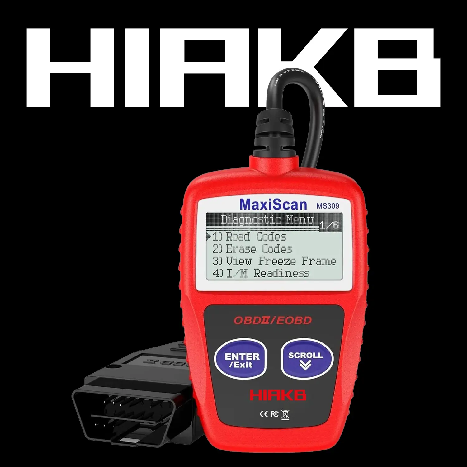 HIAKB MS309 OBD2 Scanner - Universal LCD Screen Car Engine Fault Code Reader for DIY Users, Check Engine Light, Emission Monitor Status, Code Clearing, OBD-II Port Compatible with US Cars 1996+