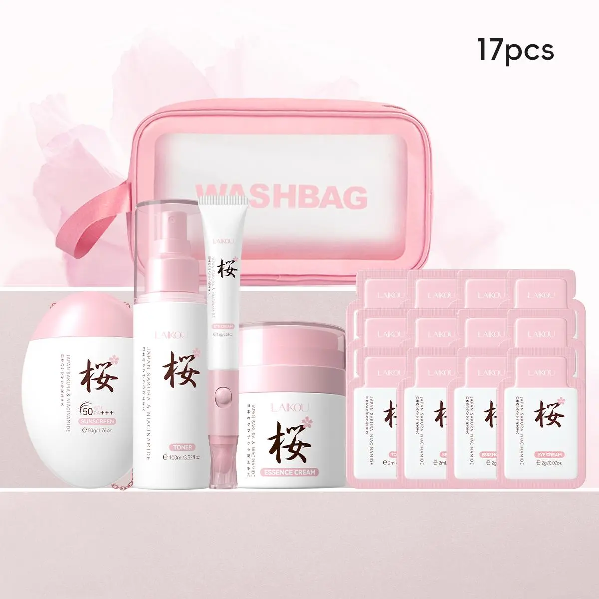 Sakura Skin Care Kit, 17pcs/set Toner & Cream & Sunscreen & Eye Cream & Makeup Bag & Experience Pack, Portable Skin Care Kit for Women, Moisturizing Set, Silky Hydration Set, Skin Care Sets