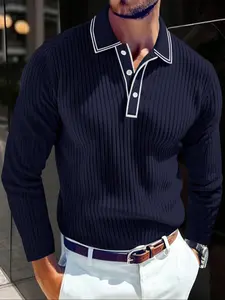Men's Long Sleeve Polo Shirt, Jacquard Fabric Collared Top, Business Casual Wear, Regular Fit, Suitable for Work & Formal Occasions, Classic, Menswear, Textured Polo Shirt