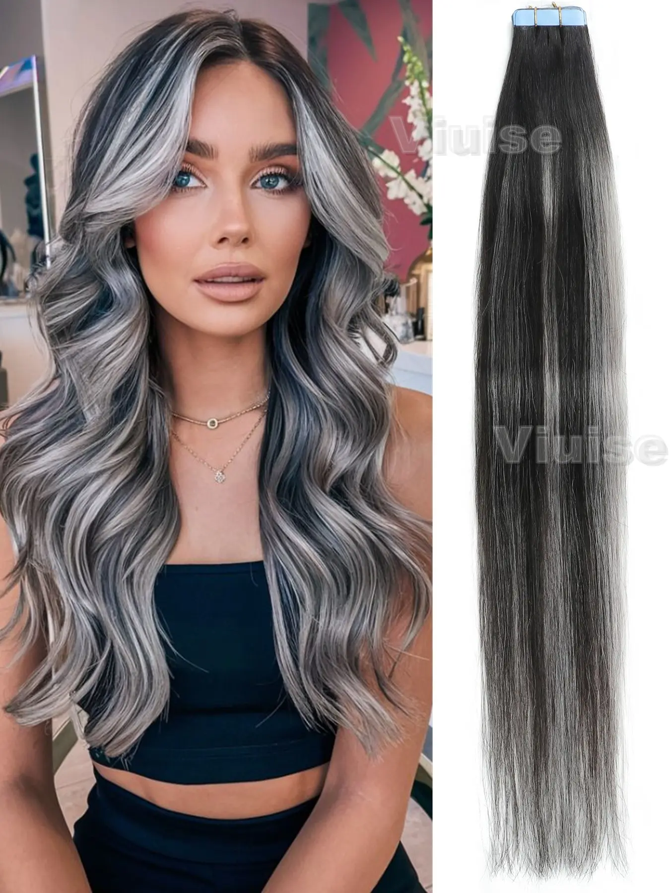 Straight Tape In Hair Extensions Premium Human Hair,Black/Grey/Blonde/Brown Ombre Highlight Fashion Human Hair,Tape Hair Extensions Real Hair,Straight Natural Hair Extensions Add Volume/Hair Looking For Women Human Hair Set 20PCS 30G