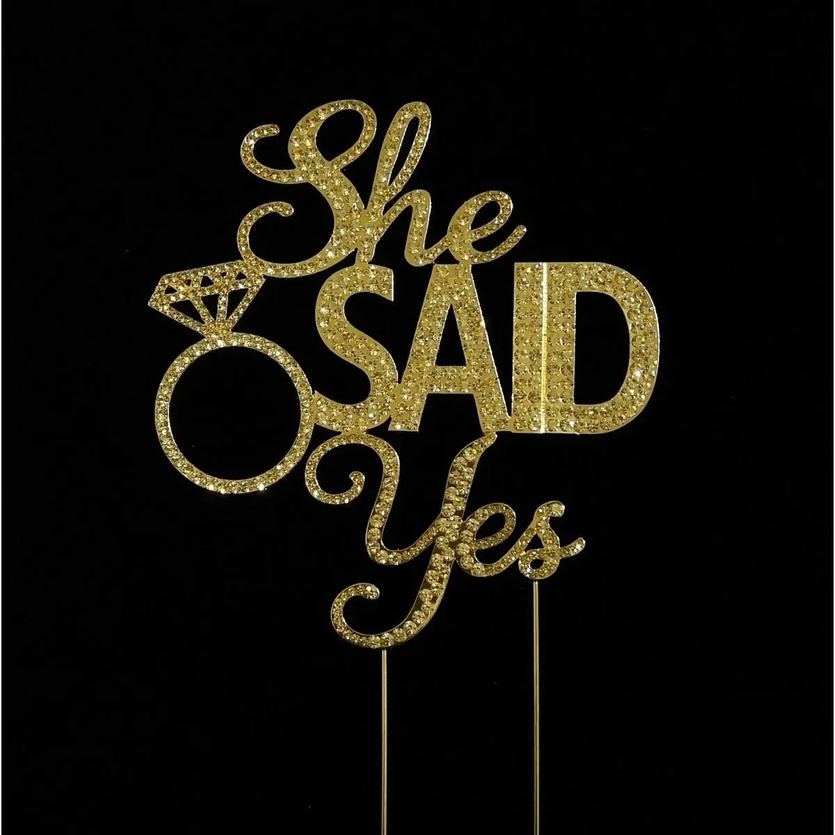 212 MAIN Lovely "She Said Yes" Silver Rhinestone Letters Cake & Cupcake Topper - Gold, 5.4" H x 5" W, Cake Decoration Stick, Home & Engagement Party Supplies, Letters Cake & Cupcake Toppers