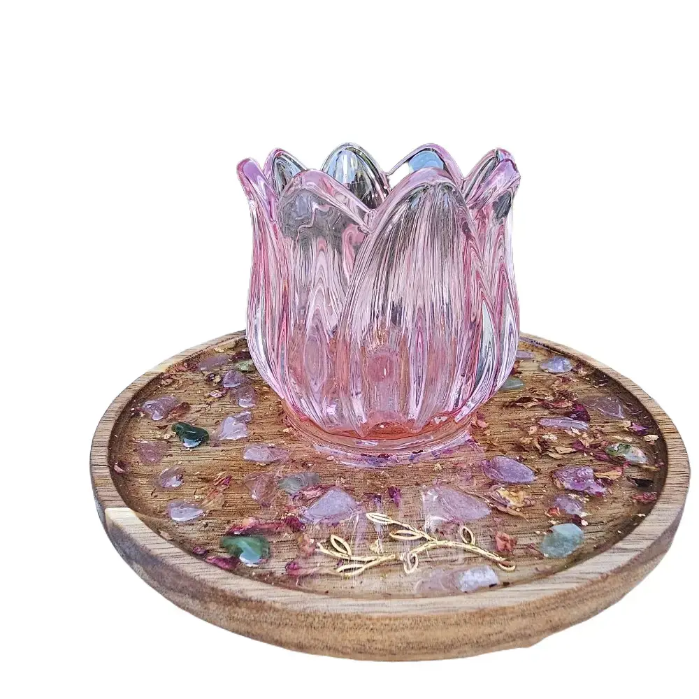 Rose Bloom Crystal Altar - Tulip Candle Holder on Resin Tray with Rose Petals Crystal Chips & Gold Leaf Decor Tealight for Emotional Healing Rituals - Wooden 4"x6"x6" - Ornaments