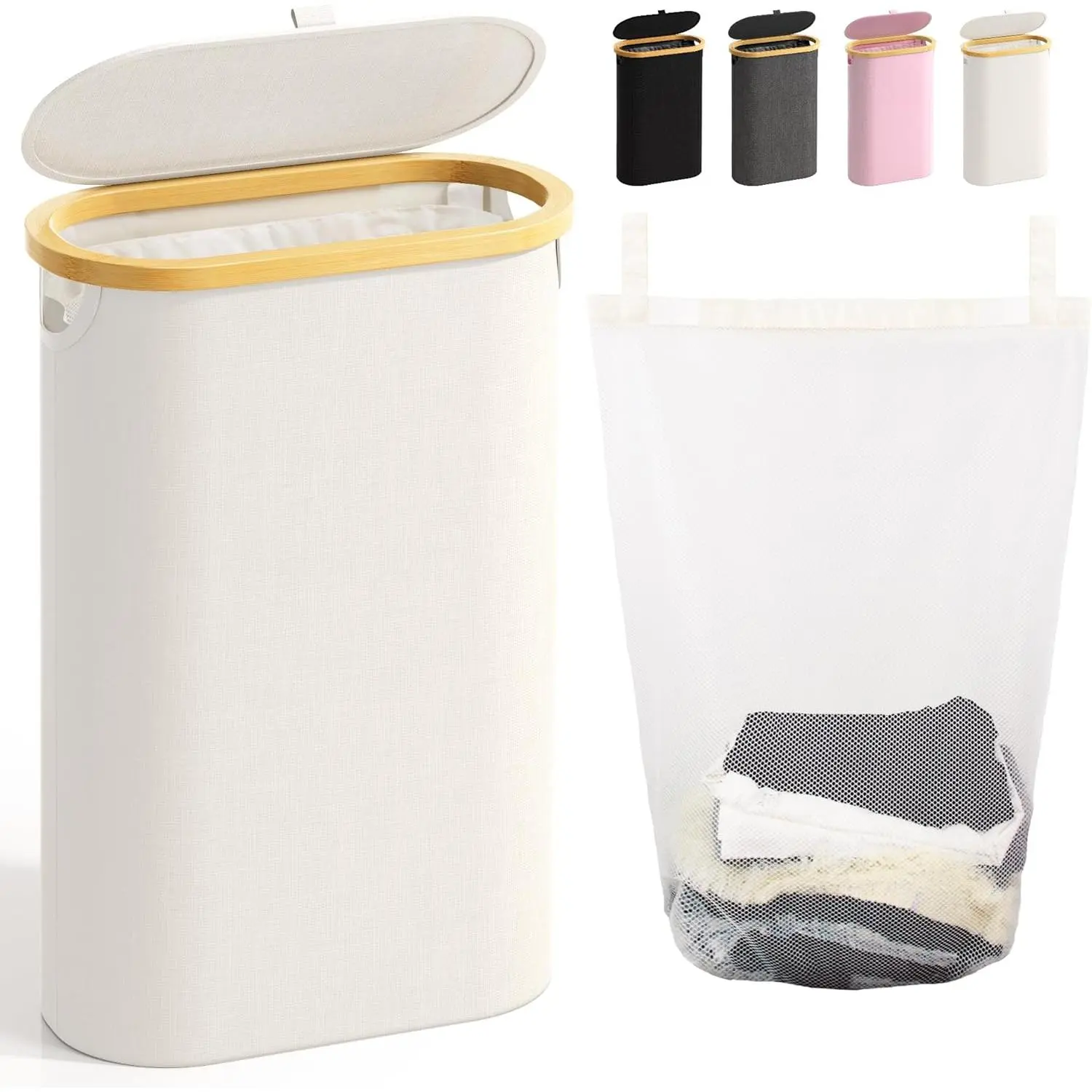 Slim Laundry Hamper with Lid, 60L Small Laundry Basket with Handles&Removable Bag, Thin Dirty Clothes Hampers for Laundry, Narrow Laundry Hampers for Bedroom Aesthetic, Beige