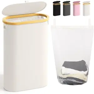 Slim Laundry Hamper with Lid, 60L Small Laundry Basket with Handles&Removable Bag, Thin Dirty Clothes Hampers for Laundry, Narrow Laundry Hampers for Bedroom Aesthetic, Beige