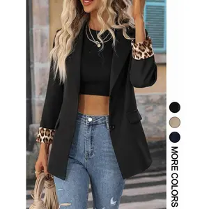 Classic solid color leopard print patchwork button casual blazer with shoulder pads, business attire for spring and fall, fitted outerwear