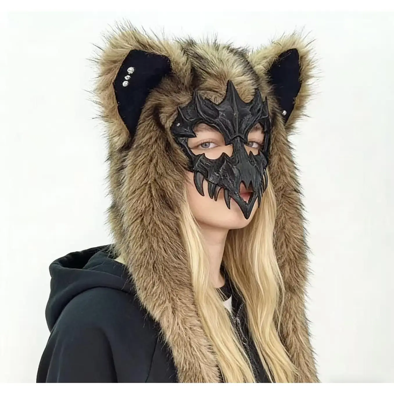 Adult Realistic Werewolf Look Half-Face Animal Face Mask with Faux Fur Fox Ears, Fashion Accessory for Halloween Masquerade Party