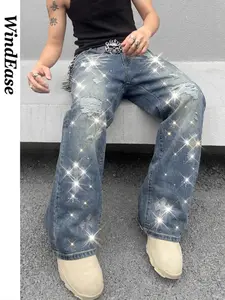 American Street Cross Rhinestone Ripped Microflare Denim Jeans, Light Blue Distressed Wash Wide Leg Long Pants, Y2K Glitter Gothic Casual Pants