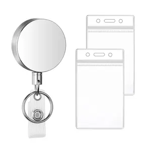 Retractable Badge Clip, 1 Count Keychain Badge Clip with 2 Counts Card Holder, Identification Badges & Supplies for Office School, Lanyard, Retractable Badge Reel