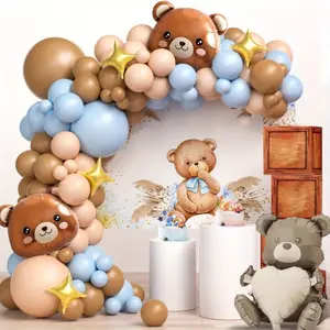 146pcs Bear-Themed Balloon Wreath Kit, Blue Color Brown Latex Balloon, Gold Four-Pointed Star and Bear-Shaped Aluminum Film Balloon, Suitable for Wedding Birthday Party Decoration, Anniversary, Valentine's Day Decoration, Indoor and Outdoor Decoration