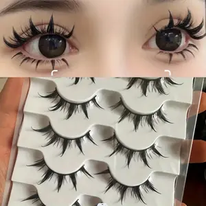 Anime Role Play Fluffy False Eyelashes, 5 Pairs Natural Look, Self-Adhesive Curled Lash Extensions, Enhance Women & Girls Eye Makeup