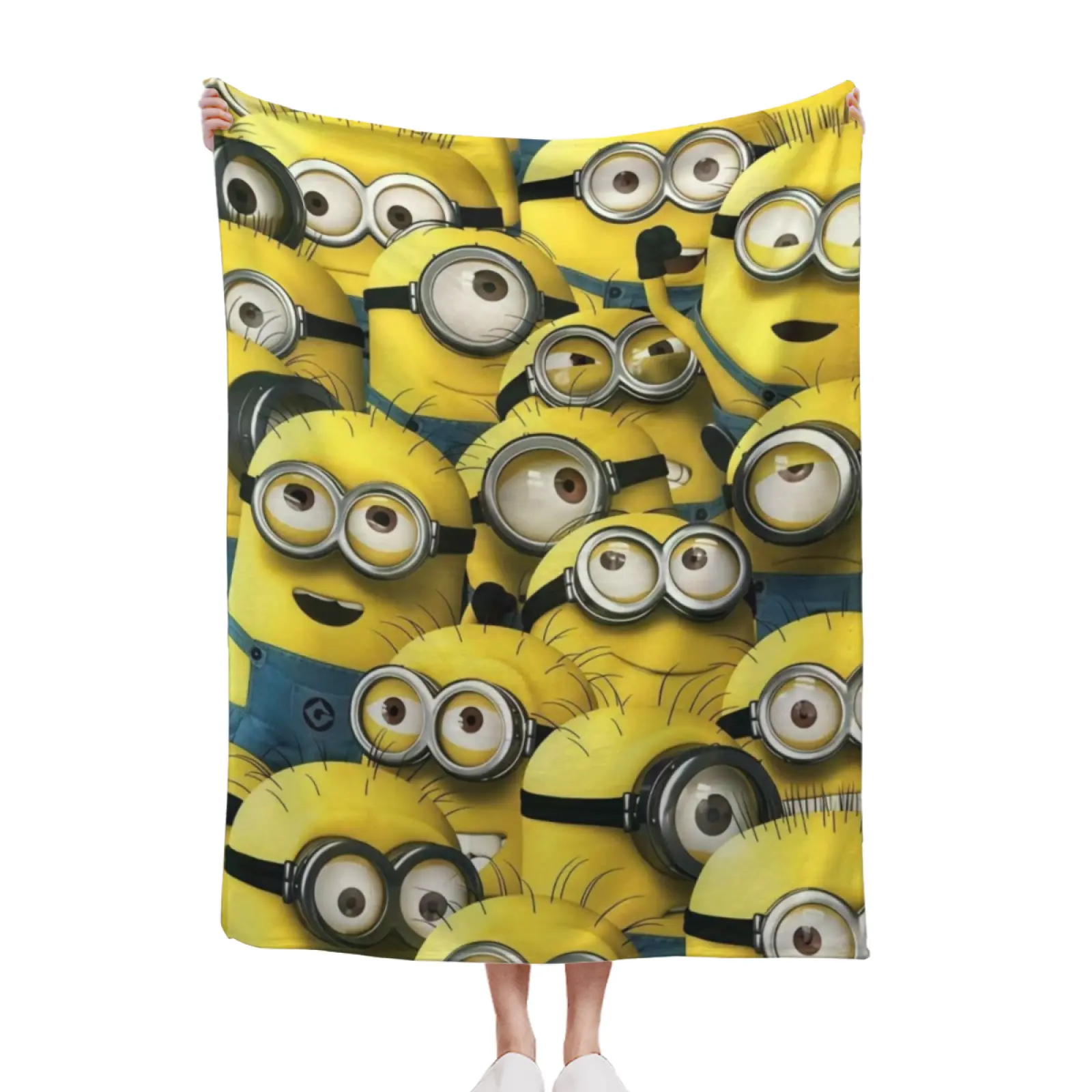 Minions Print Flannel Fabric Blanket - Playful Yellow Character Theme Crowd Collage, Bedroom Use Home Decor Throw (30x40in, 40x50in, 50x60in, 60x80in), Multi-Size