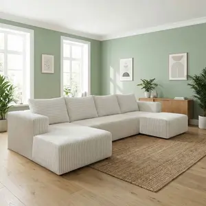 132"U-Shape Modular Sectional Couch Sofa BonelessCompressed Corduroy Modern Sleeper Space-EfficientConvertible Design 【3 Packages Shipping】 White family memory foam Deep Space-Saving living room boneless